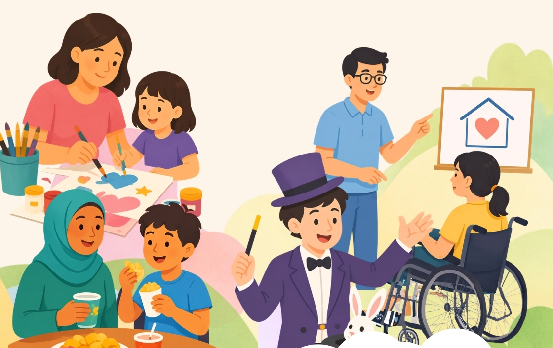 Caregivers and children painting, sharing snacks and enjoying a magic show